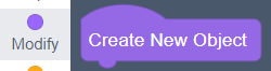 On the left is the Modify menu option, which has a purple dot. On the right is the Create New Object block, which is purple, has a curved top with no connector, and a connector on the bottom.
